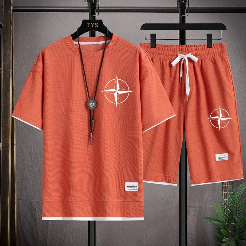 Męskie letnie zestawy t-shirtów i szortów, dres codzienny z tkaniny waflowej, modna odzież, logo NATO, zestaw 2-częściowy, 2023