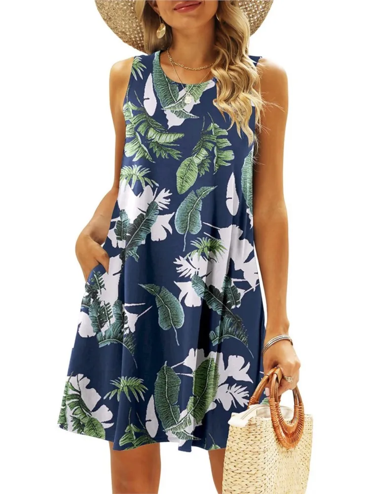 Abito con stampa floreale alla moda Lady Casual O Collo senza maniche Abiti larghi per le donne Estate Boho Holiday Beach Gonna Abbigliamento da donna