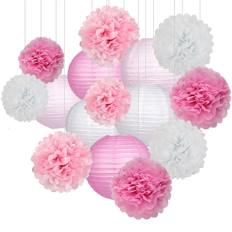 15Pcs Baby Boy Girl 1st Birthday Party Pink White Set Round Paper Ball Lantern Folding Baptism Wedding Decor Honeycomb Pompom