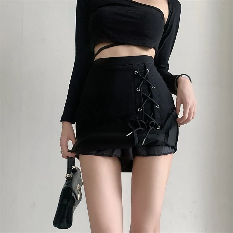 Gidyq High Waist Women Skirts Korean Fashion Lace-Up Mini Skirts Casual All Match Female Streetwear Slim Skirt Summer New