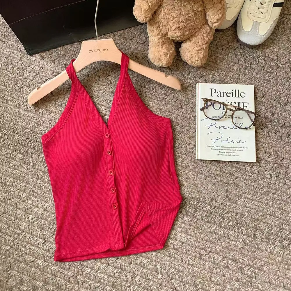 

Retro Halter Knitted Slim Crop Top Hollow Out Round Neck Women's Vest Top Y2K Undershirt Sleeveless Camisole Seaside