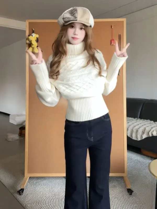 

Slimming High Ne Long Sve Sweater Soft Sle Waist Cinched Trendy Winter Faion Small Size ular Knitted Top