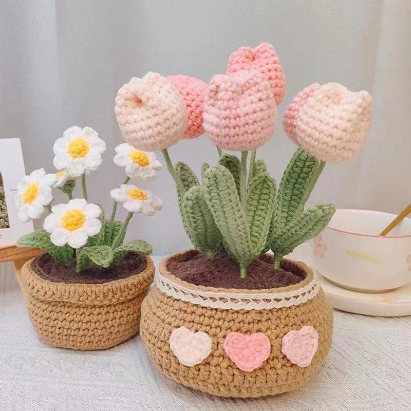 

Woven Flower Potted Artificial Sunflower Hand-knitted Kit Crochet Tulip Plant Pot Ornaments DIY Material Kits Mother's Day Gift