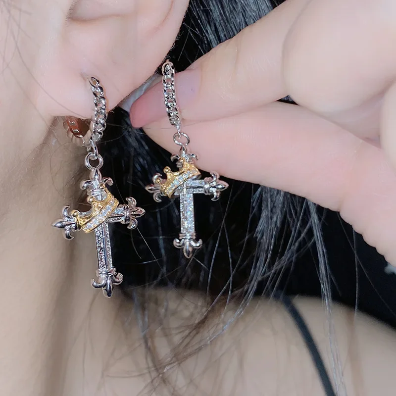 MDL Moissa!ite نمط كامل الماس تاج الصليب مجموعة الرجال والنساء مطلية بالذهب الرجعية شخصية الأزياء زوجين الملحقات #4