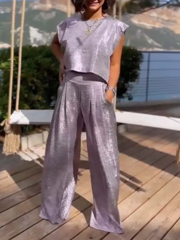 

Fashion Solid Glossy Suit For Women Elegant Loose Round Neck Sleeveless Top Folds Wide Leg Pant Two Piece Set 2024 Summer New