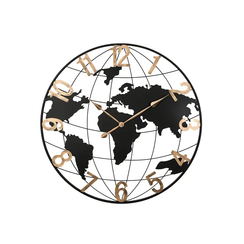 36 Inch Large Black Metal Wall Clock Modern Silent World Map Design Retro Gold Arabic Numerals Home Office Decorative