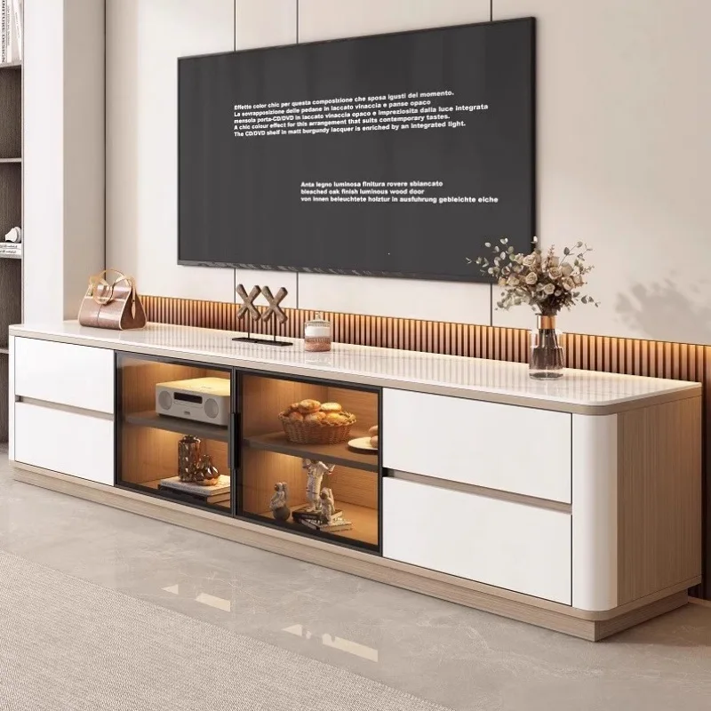 HYS rock slab TV cabinet glass door household living room light luxury solid wood floor new TV cabinet coffee table combination