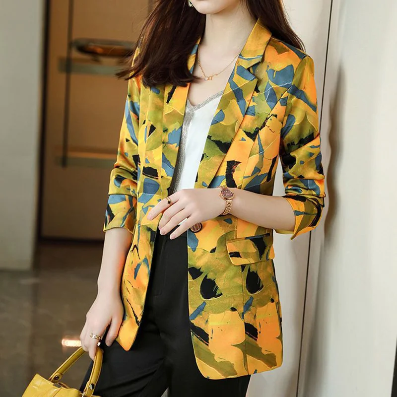 Elegant Lapel Button Spliced Pockets Printed Blazer Women\'s Clothing 2023 Autumn New Casual Tops All-match Office Lady Blazers