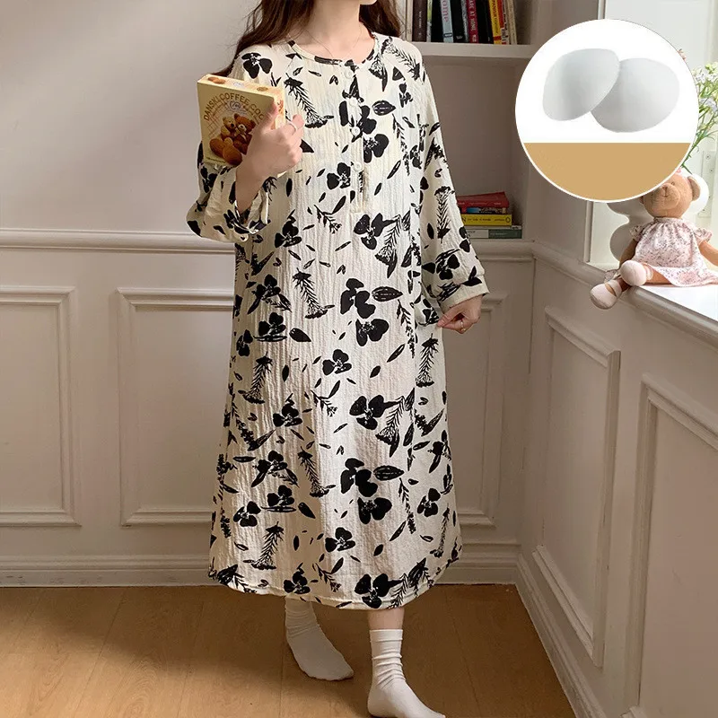 Chest Padded Women\'s Cotton Nightgowns New Korean Loose Sleepwear Home Dress New Long Sleeve Spring Autumn Girls Nightdress