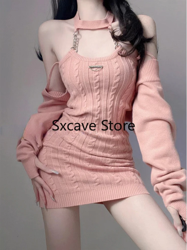 2023 Autumn Pink Knitted Suits Office Lady Casual Y2k Crop Tops + Mini Dress Korea Fashion Clothing Even Party 2 Piece Dress Set