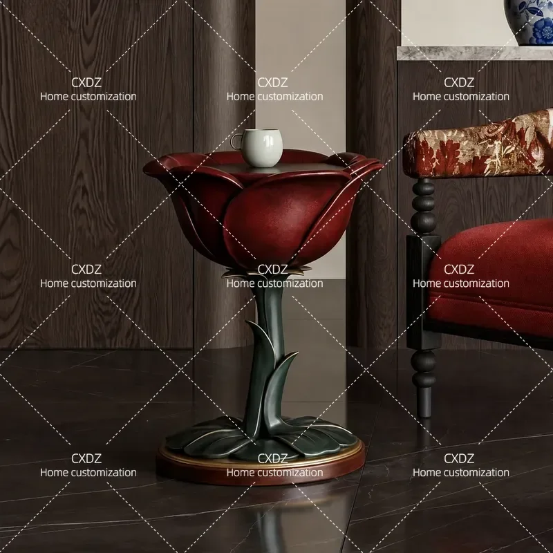 Red Rose Side Table Light Luxury Retro Corner Small Coffee Table for Living Room Sofa Bedroom Bedside Porch Decorative