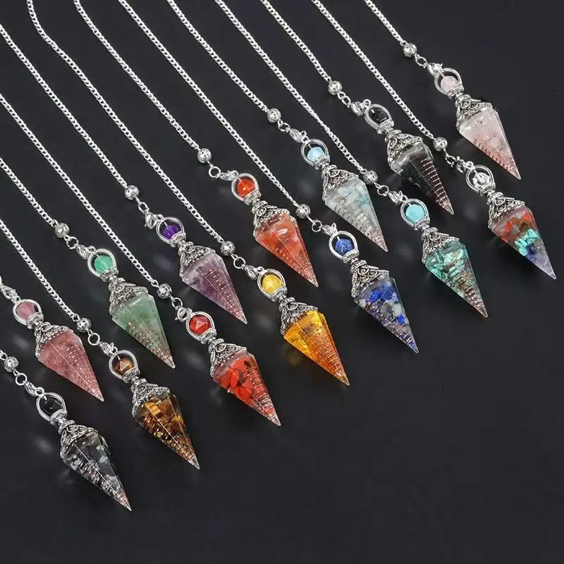 Pêndulo de radiestesia de cristal natural, pedra reiki, chips de orgone, pêndulo hexagonal apontado, reisin, pendulo espiritual para adivinhação