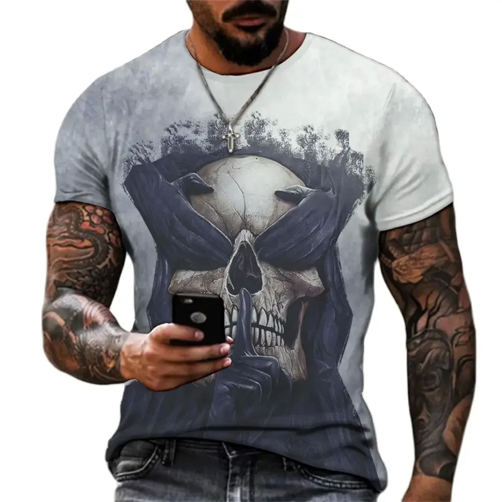 3D Print Summer Horror Skull Men's 6XL T-shirt Skeleton Street Rock Hip-Hop Top & Tee