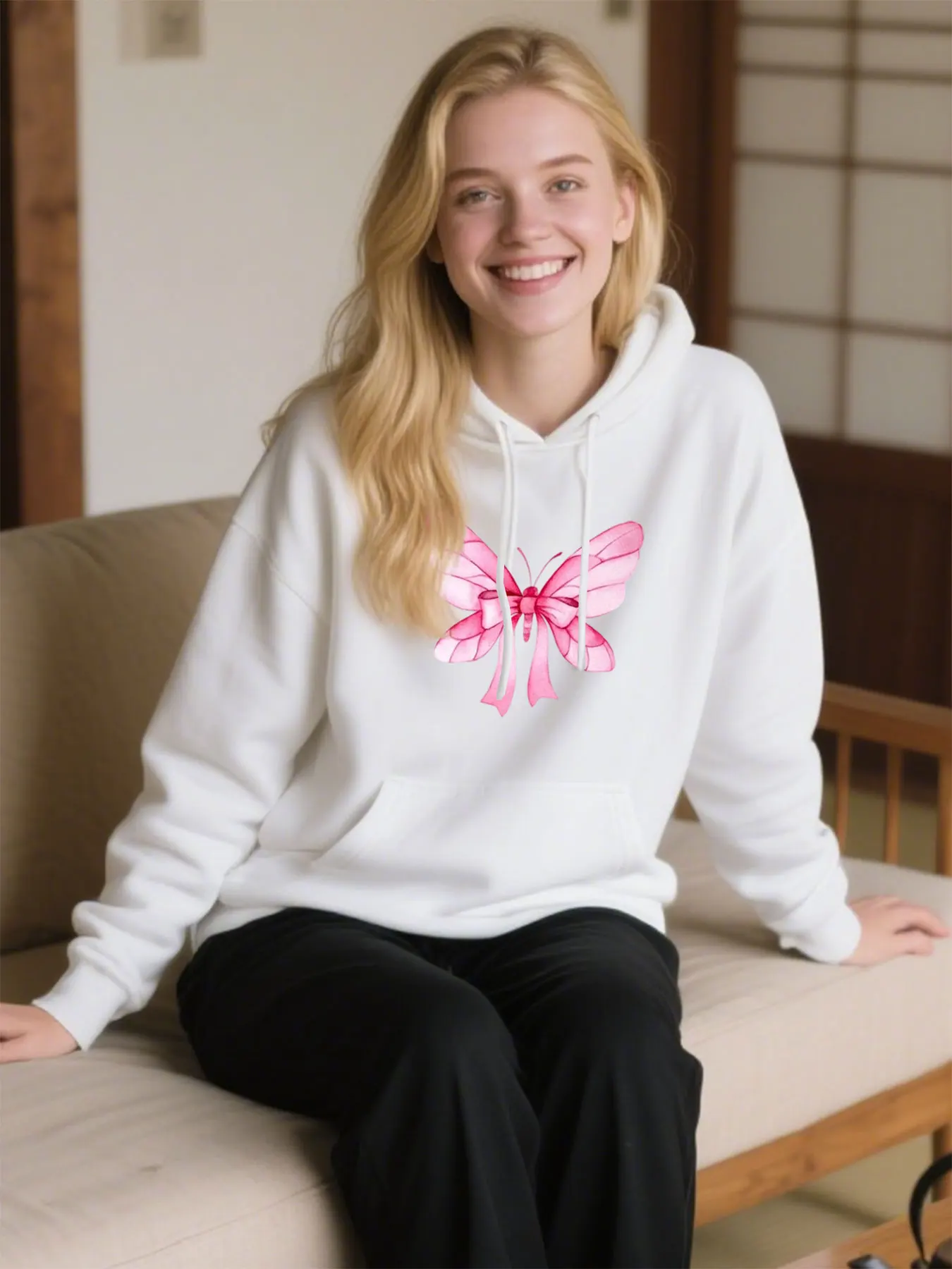 

Comfy Cotton Hoodie With Elegant Pink Butterfly Print, Perfect For Christmas Gifts & Casual Wear