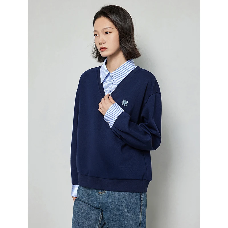 TOYOUTH Women Fake Two Piece Sweatshirt 2024 Autumn New Contrasting Pathwork Striped Polo Collar Long Sleeve Casual Pullover Top