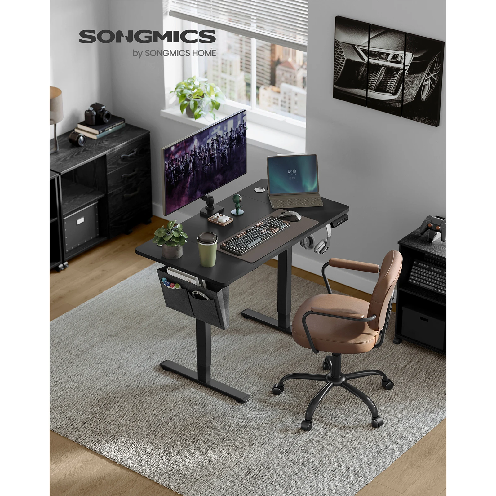 SONGMICS Electric Height Adjustable Desk, 60 x 120 x (72-120) cm, 4 Memory Heights, Storage Pocket, for Home Office, Study