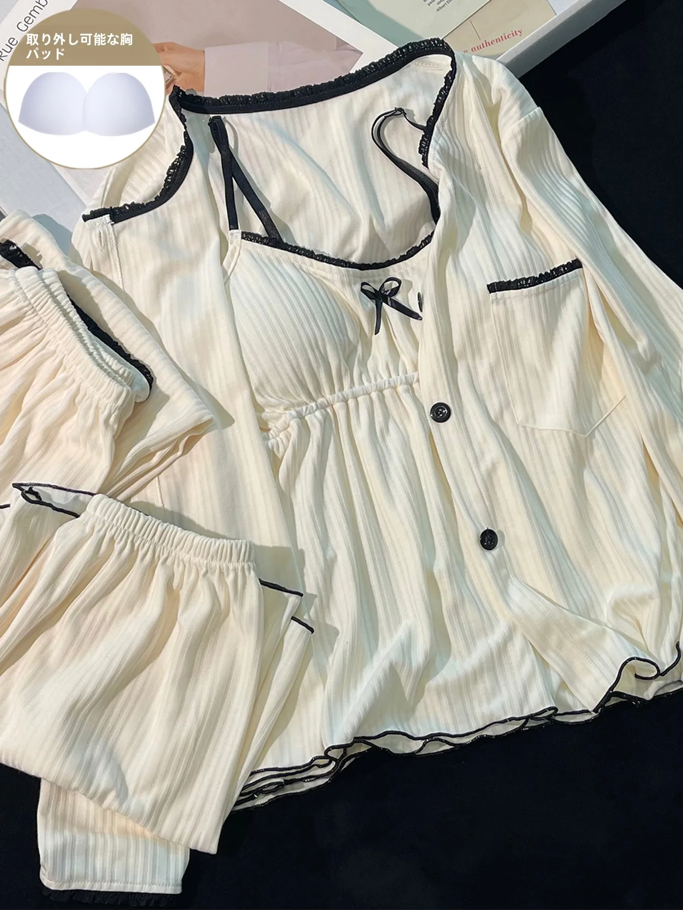 純綿レーストリム寝間着女性の夏のセクシーな学生用3点セットホーム服は外でも着用可能バタフライノット 1