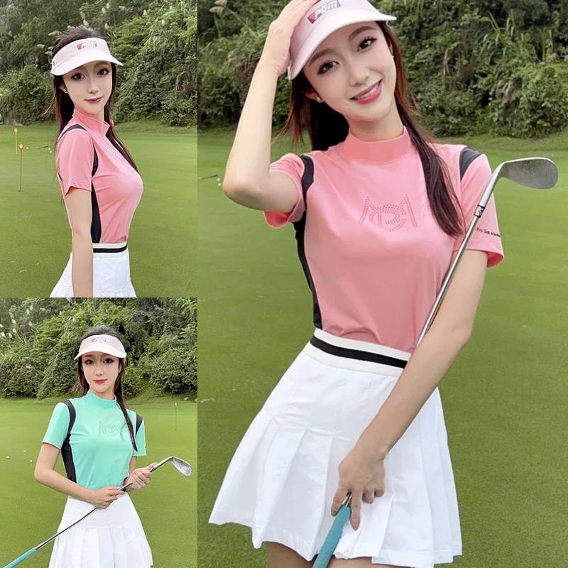 Pgm Golf Letnie damskie koszulki outdoorowe z krótkim rękawem Szybkoschnące topy sportowe Lady Casual Oddychająca koszulka Kontrastowy kolor