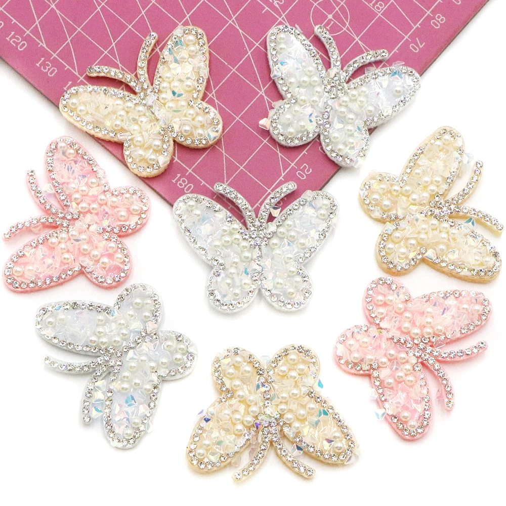 10 Teil/Beutel Schmetterling Perle Strass Aufnäher für Kleidung Schmetterling Weiße Perle Bling Strass Applikation Reparatur Patch – Detail 5