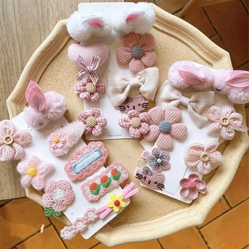 8/9Pcs Set Cartoon Rabbit Hair Clips for Girls Cute Flower Hairpins Children Plush Bunny Hairpin Barrettes Kids Hair Accessories