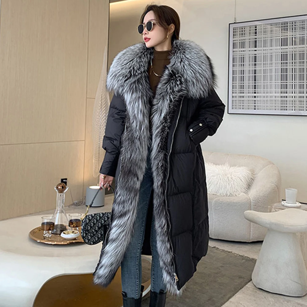 2024 New Winter Coat Women Goose Down Jacket Long Thick Warm Oversized Real Fox Fur Collar Luxury Fashion Outerwear Streetwear