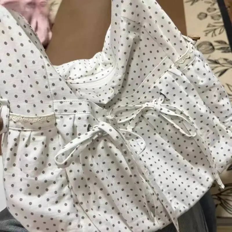 2025 New Vintage Dots Bow Office Lady Underarm Bag Korean Fashion Women Shoulder Bags Y2k Aesthetic Casual Purses And Handbags