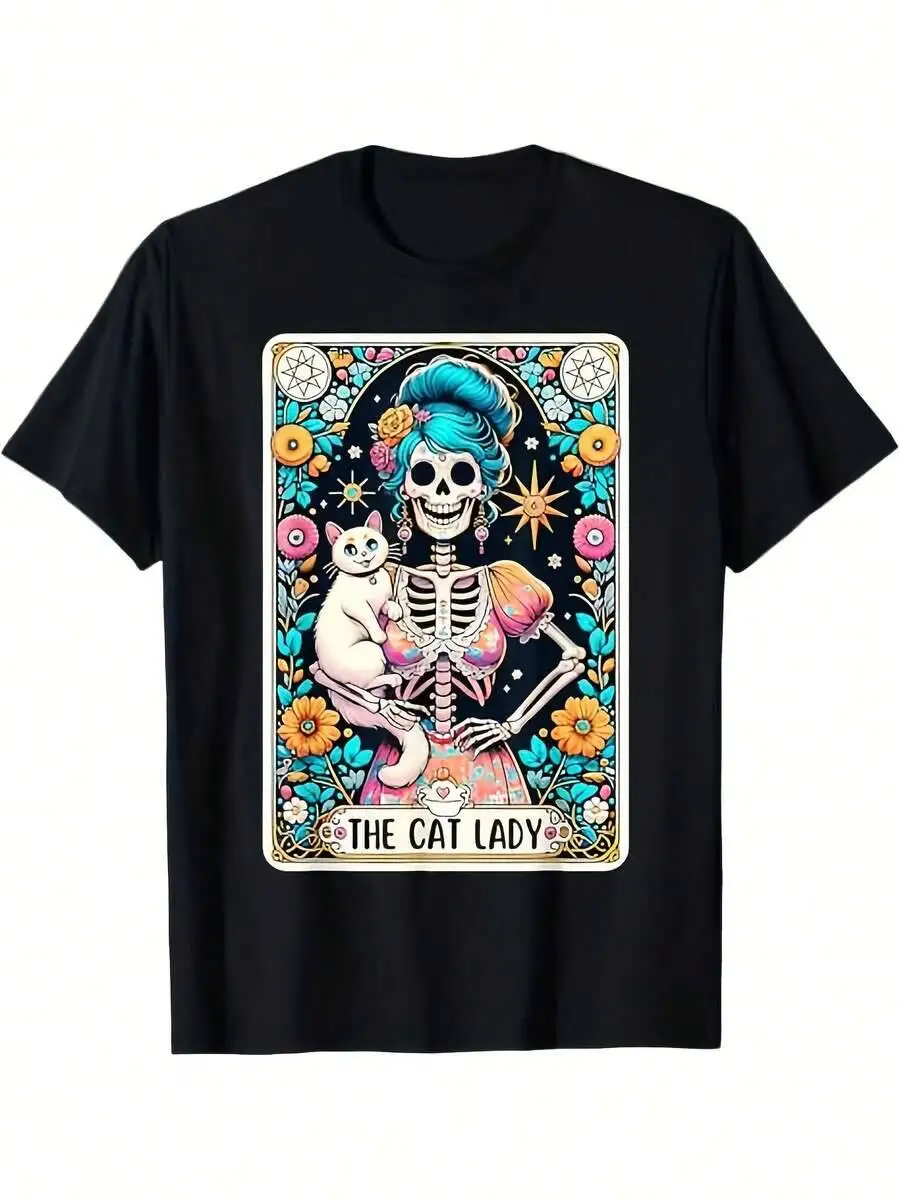 Mens Shirts Graphic Skeleton Lady Card Animal White Cat Mom T-Shirt For Both Men And Women, Unisex Tee Features Comfortable 100%