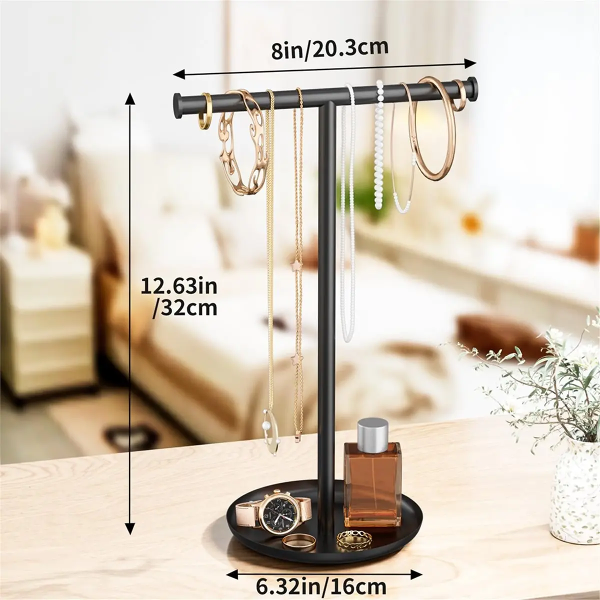 Necklace Organizer Stand with Storage Tray - T-Shaped Jewelry Holder Stand for Bracelets, Earrings, Rings Stylish B