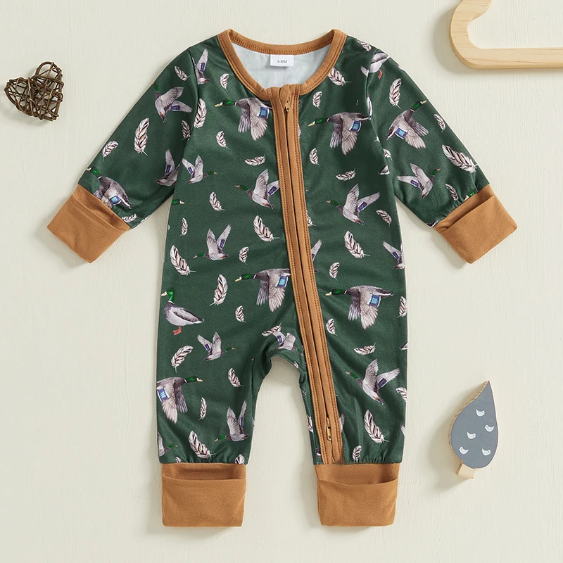 0-18M Newborn Baby Boy Girl Hunting Outfit Mallard Duck Romper Long Sleeve Zipper Jumpsuit Fall Hunter Clothes