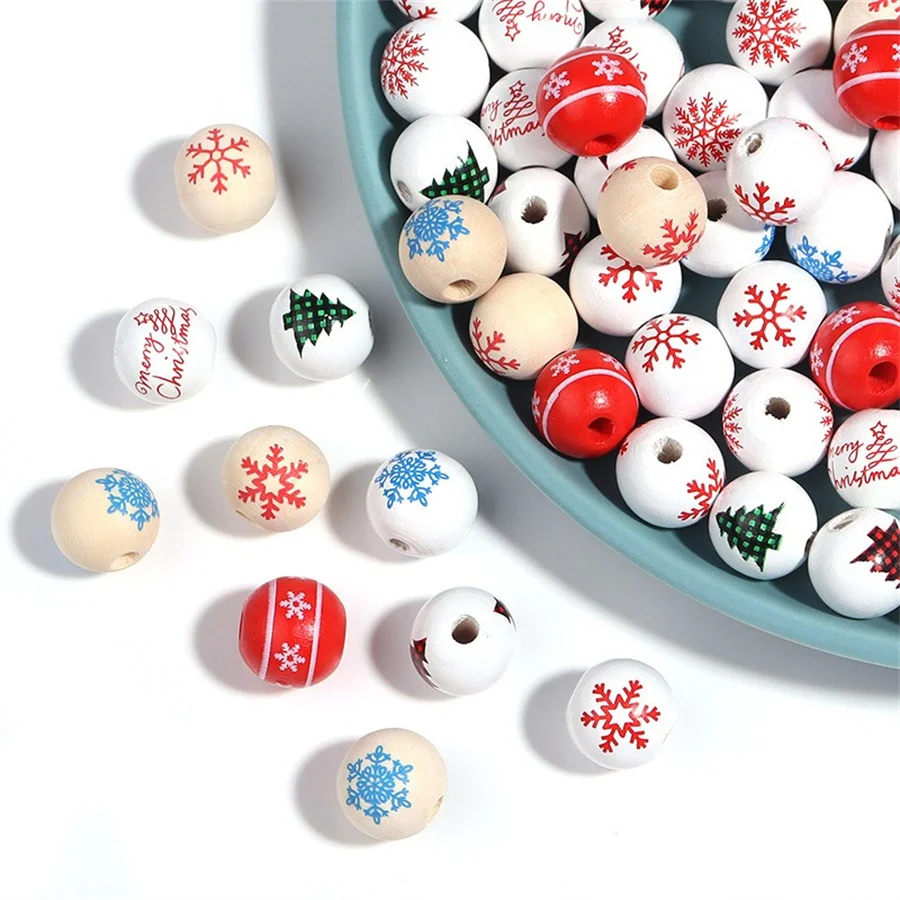 Christmas Wooden Bead Snowflake Wood Beads Christmas Tree Wooden Beads with Hanging Rope for Christmas DIY Craft Party Decoratio