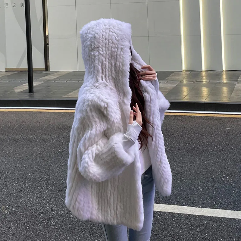 2023 Spring Knitted Real Rabbit Fur Coat With Hood Casual Loose Genuine Fur Hooded Jacket Female Outwear Ladies Natural Fur coat