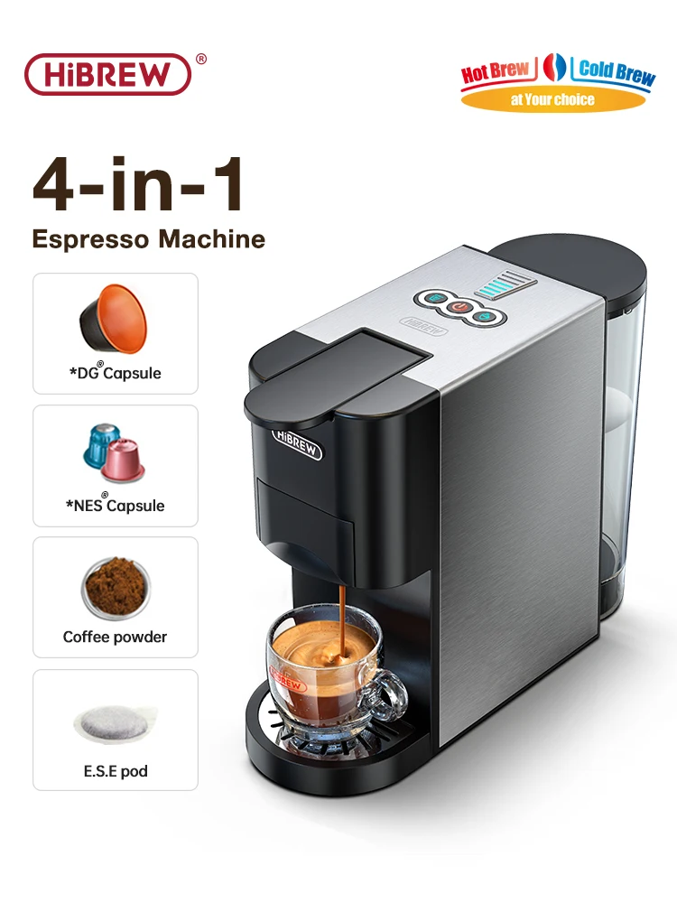 HiBREW Kaffeemaschine 4in1 Mehrere Kapsel Espresso Dolce Milk Nes ESE Pod Pulver Kaffeemaschine Edelstahl Metall H3D