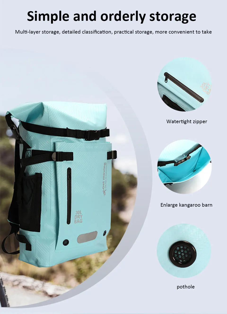 30L Trockentasche mit großem Fassungsvermögen, Trocken- und Nasstrennung, wasserdichter Schwimmrucksack für Reisen/Wassersport/Wandern, Aufbewahrungstasche – Detail 6
