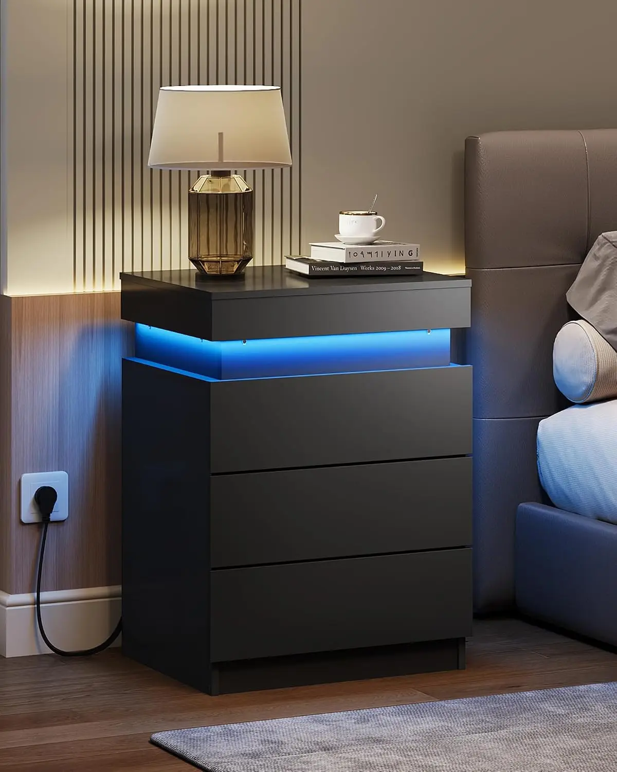 Black Nightstand with Charging Station, Sliding Top, 3 Drawers, 2AC & 2USB Ports, LED Light with Music Sync & Timer, Wood, Custo