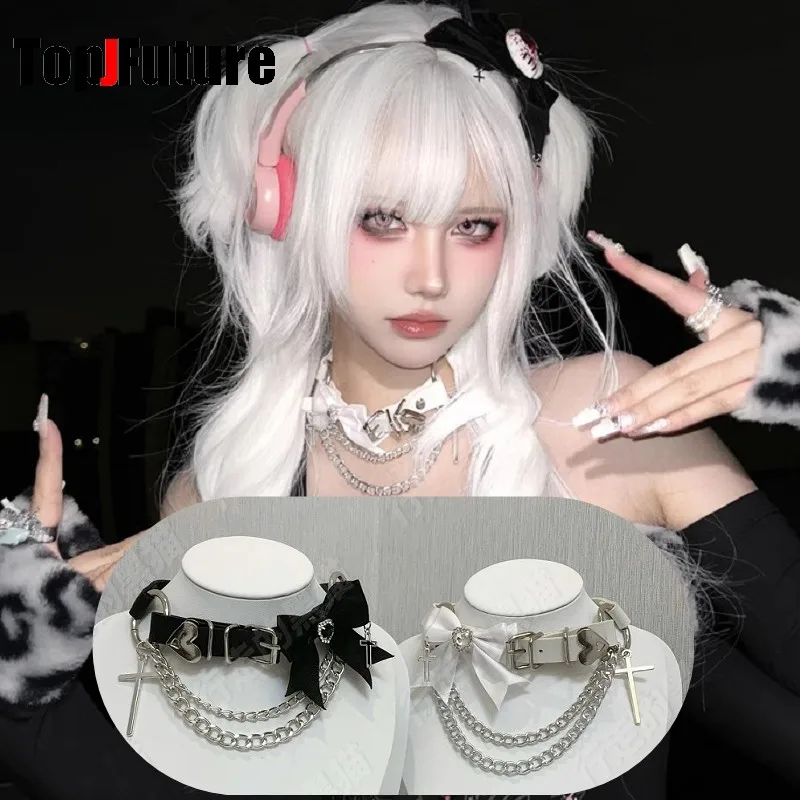 Women Men Harajuku Gothic Lolita Cosplay Punk layer necklace Y2K Girl Colla bow cross chain leather button choker spider chokers