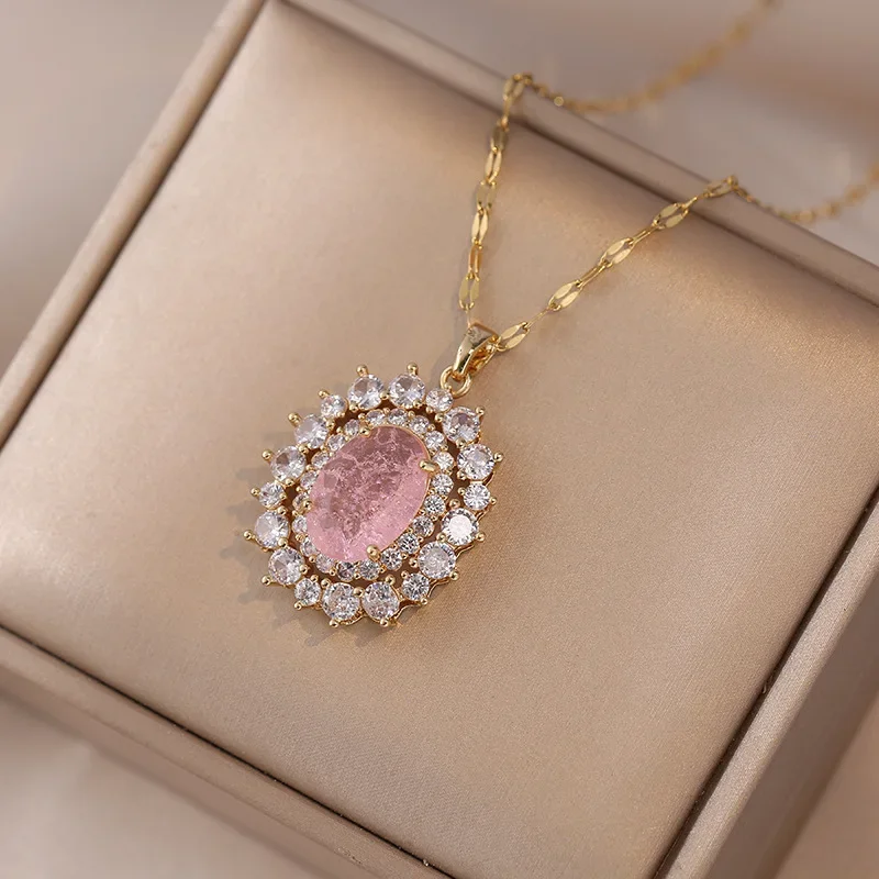 316L Stainless Steel Chian Oval Circular Micro Inlaid Zircon Pendant Woman Necklace Vintage Jewelry image 5