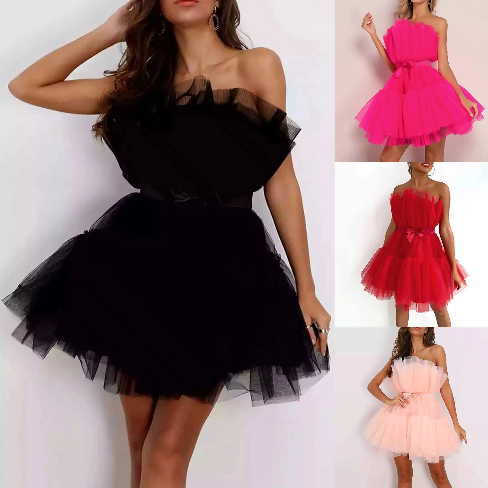 

Fashion Sweet Cute Mesh Princess Dress For Women Party Dress Elegant Tutu Court Prom Bridesmaid Strapless Sexy Mini Dress