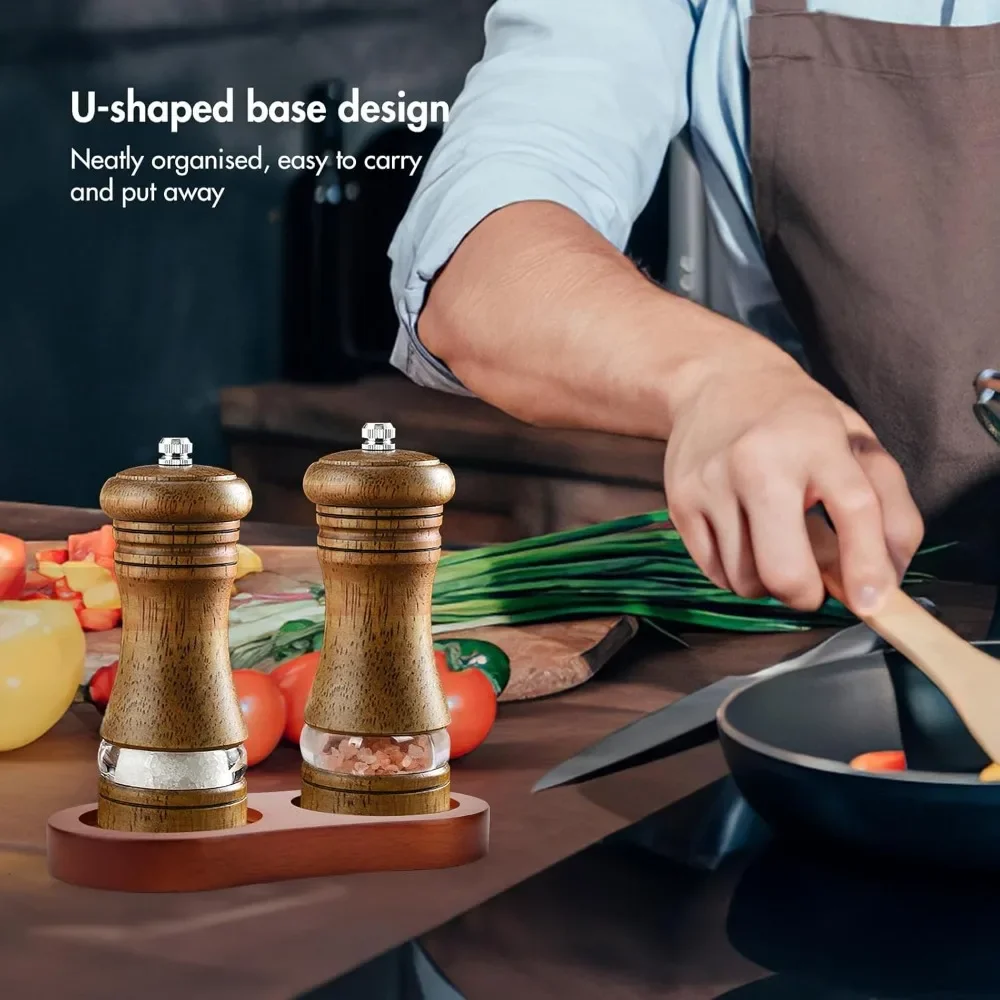 Vintage Oak Home Sea Salt and Spice Grinder Manual Wooden Pepper Grinder Adjustable Thickness, with A Viewing Window (6 Inches)