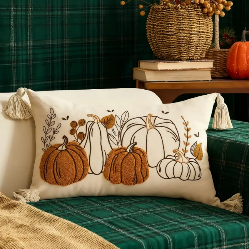 Autumn Maple Leaves Throw Pillow Cover Pumpkin Embroidery Cushion Cover Modern Decor Home Decorative Cushions Sofa Pillow Case
