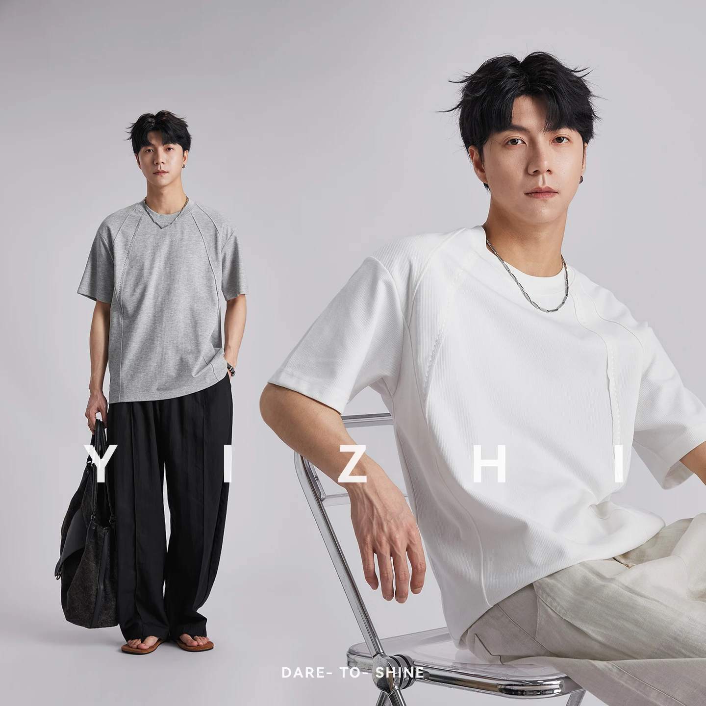 

Fashion Men's 220g Heavyweight 3D Cutting Line T-shirt 2026 Summer Solid Color Loose Soft Casual Short Sleeve Tops