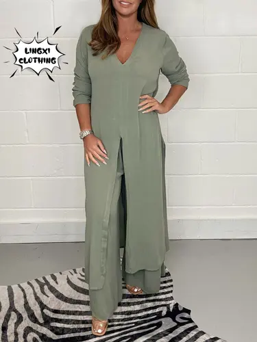 Conjunto de dos piezas de talla grande para mujer, colección elegante a juego, pantalones de pierna ancha de cintura alta, conjunto de dos piezas, 2023