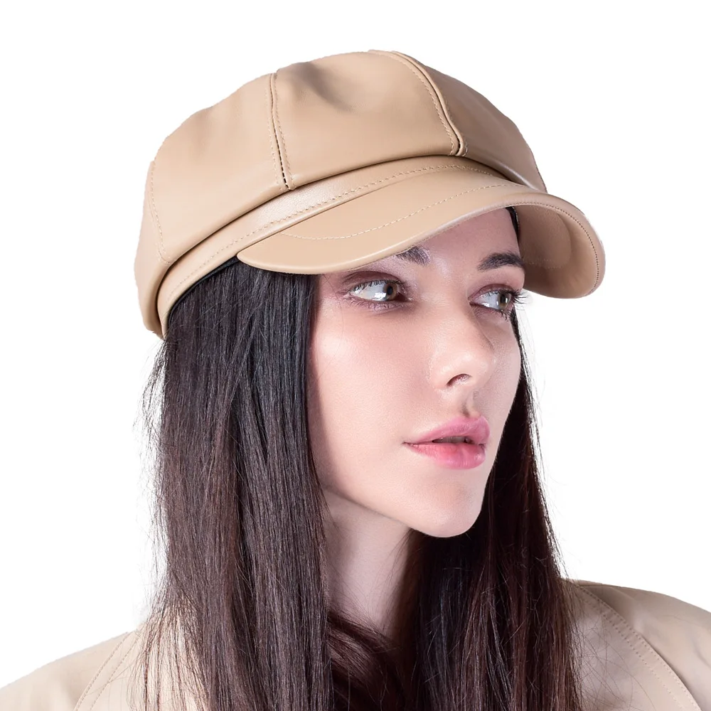 Autumn Winter Women Leather Beret Hat Painters Cap Ladies British Style Retro Casual Hat Solid Color Fashion Octagonal Cap