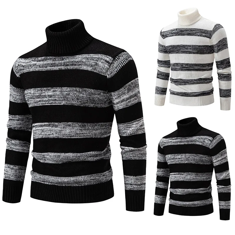 

2023 Autumn/Winter New Men's Knitwear Korean Stripe Spliced High Neck Slim Fit Men's Sweater Underlay