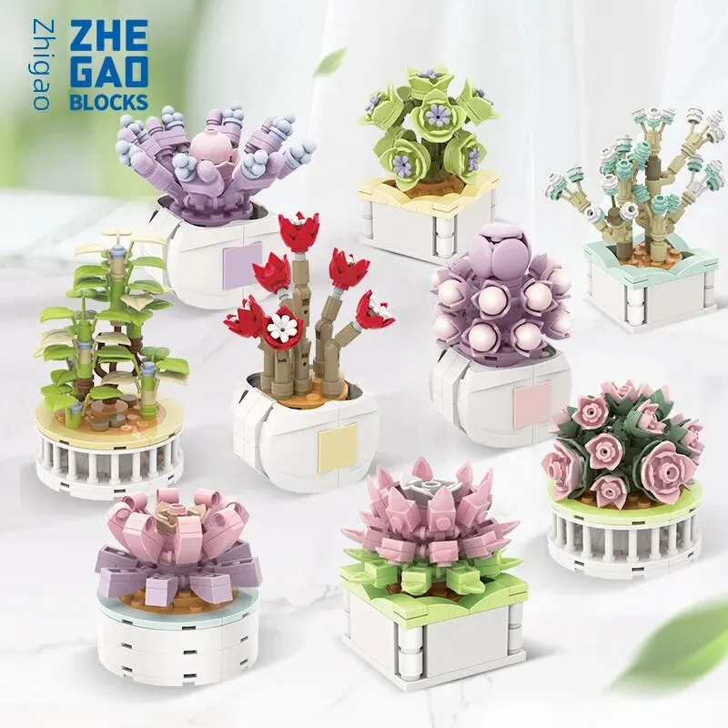 Zhegao Cute Succulent Plant Building Blocks Potted Plant Assembly Toy Small Particle Desktop Ornament For Girls