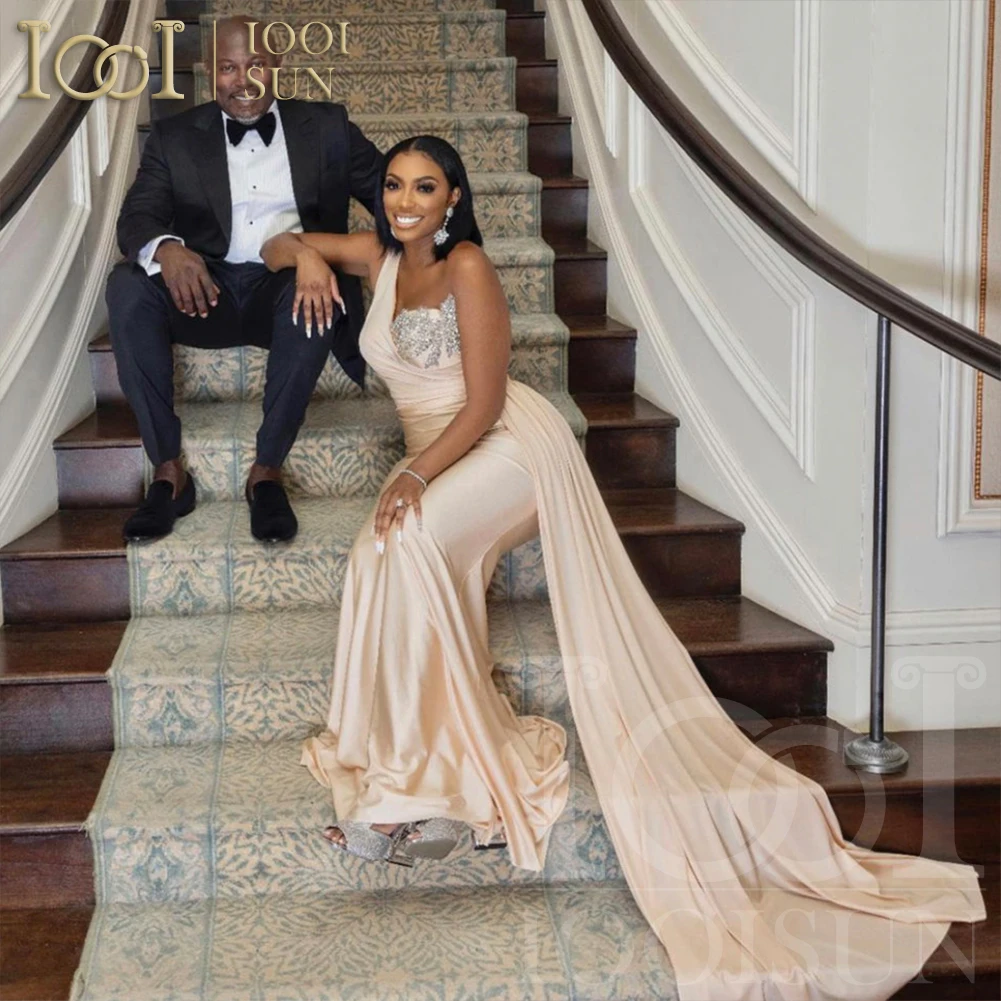 IOOISUN Elegant Champagne Bridesmaid Dress Beaded Crystal One Shoulder Wedding Party Gown Long Fomal Party Dresses Customized  image 2