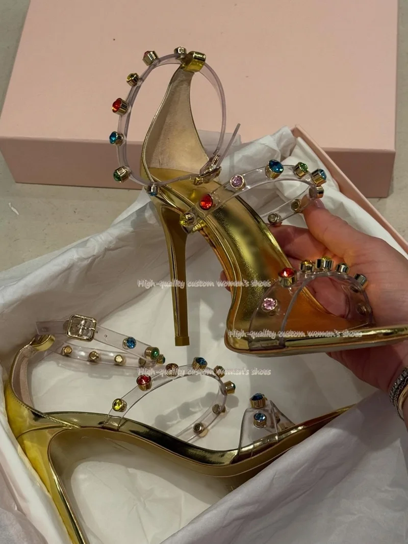 Summer Transparent Material Color Rhinestones Rivet Decorate Sandals Round Head Stilettos So Beautiful Manual Dinner Shoes 2026