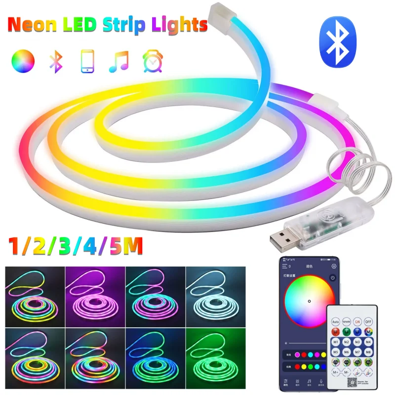 5V USB Neon LED Strip Lights 1/2/3/4/5M IP67 Waterproof RGBIC Neon Lamp Tape With Bluetooth Remote Control For Home Party Decor