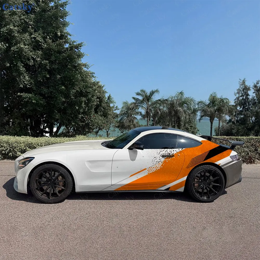 2pcs Orange Black Speed Line Honeycomb Car Side Wraps, Self-Adhesive PVC Waterproof & Scratch-Resistant Stickers, Car Accessory