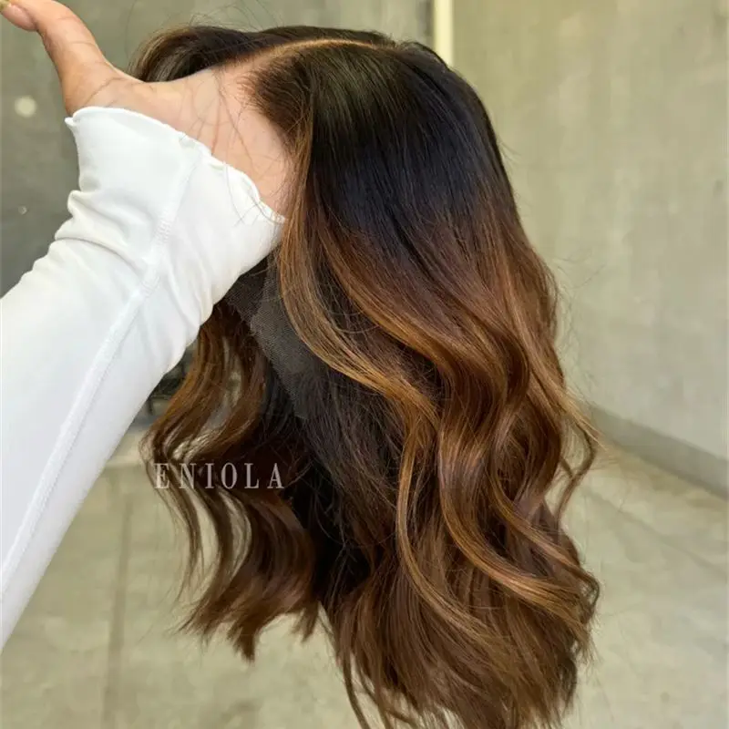 

Free Part Wig Ombre Warm Brown Highlights Synthetic HD Lace Front Wig High Quality Glueless Preplucked Hairline Short Wave Bob