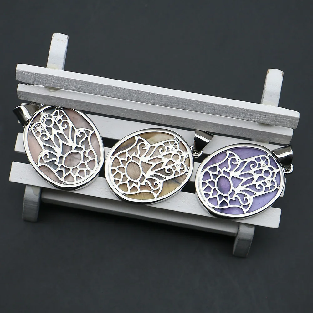 Multi-color Dyeing Shell Oval Pendant Imitation Shell with Cut Out Buddha's Hand Pattern Design Charms DIY Jewelry Accessory